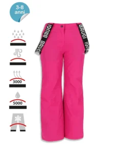 BRUGI - Pantalone da sci bambina fuchsia impermeabile traspirante antivento con bretelle regolabili