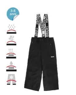 BRUGI - Pantalone da sci bambino nero impermeabile traspirante antivento con bretelle regolabili