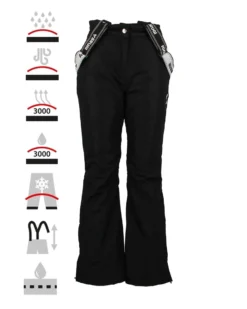 BRUGI - Pantalone da sci donna nero impermeabile traspirante antivento con bretelle regolabili