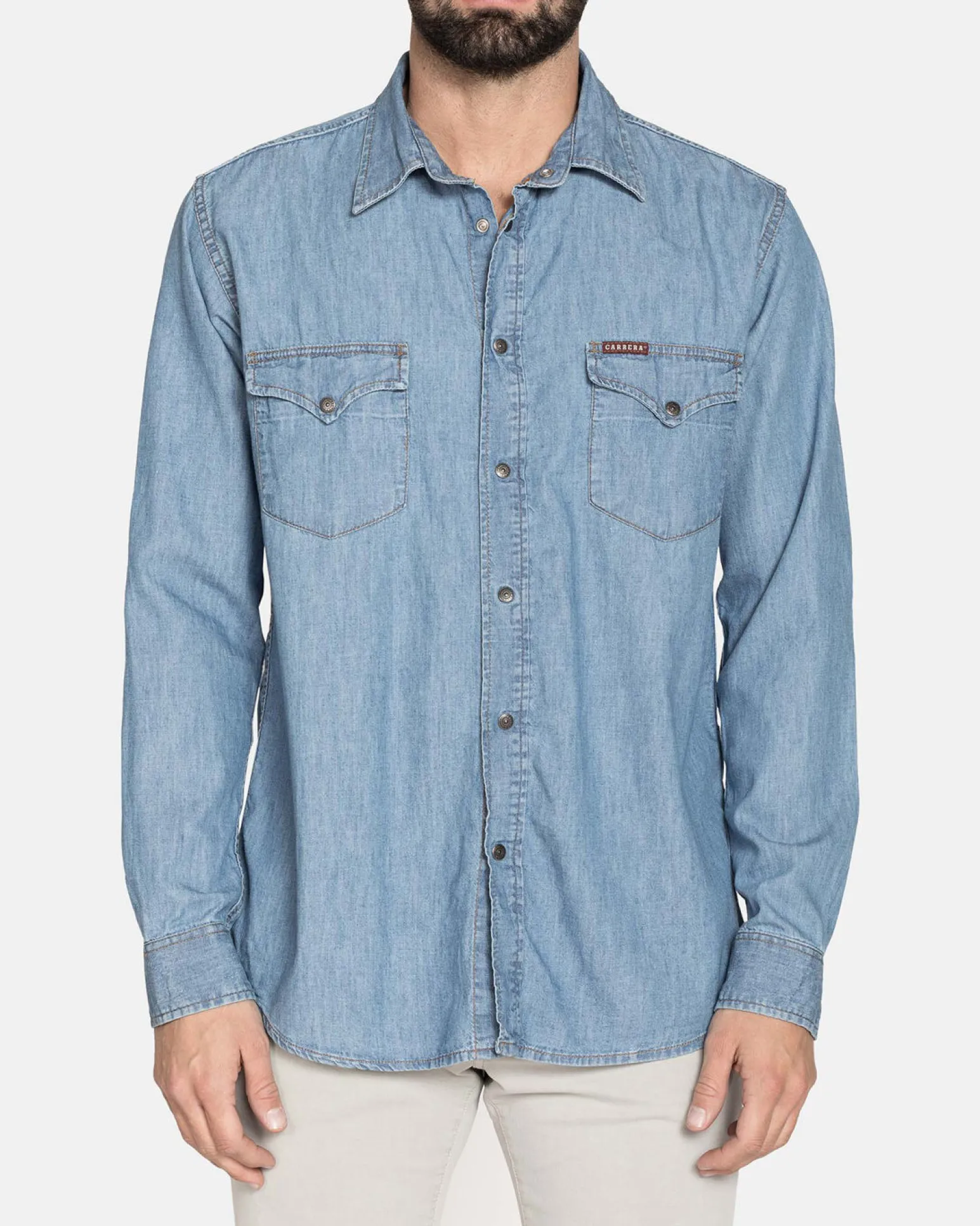 CARRERA - CAMICIA JEANS LAVAGGIO CHIARO COLLO CLASSICO MANICA LUNGA 2 TASCHINI CON BOTTONCINI