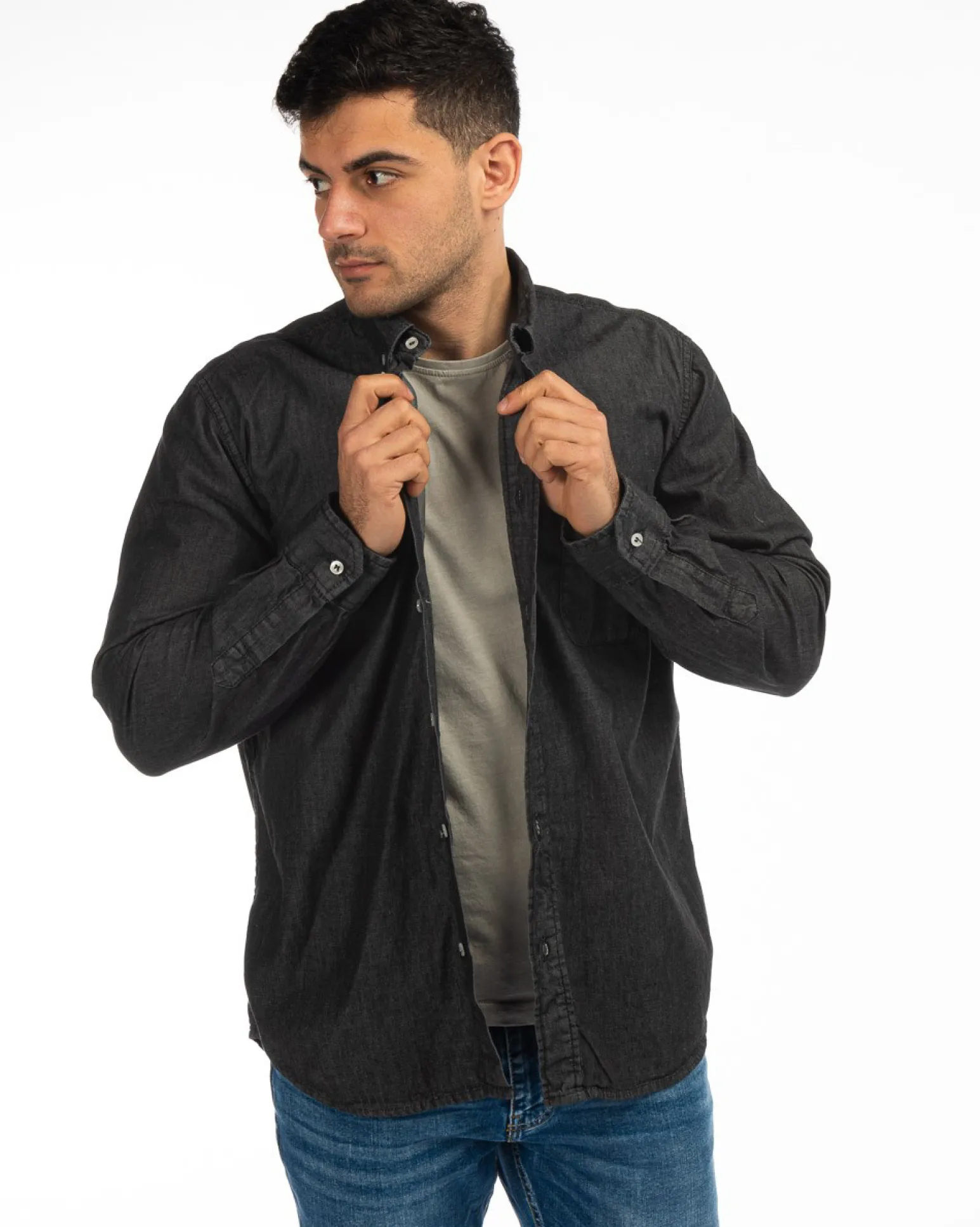 CARRERA - CAMICIA JEANS NERA MANICA LUNGA BOTTON DOWN CON UN TASCHINO