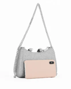 Clutch argento in glitter con manici catena e chiusura gioiello  - DIVAS