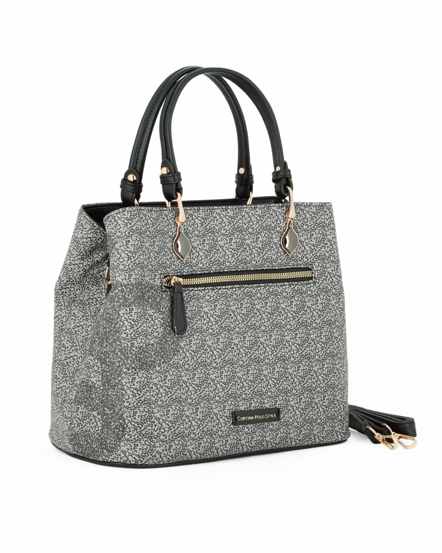 CORTINA POLO STYLE - Borsa due manici nera con tasca frontale e stampa logo, tracolla removibile