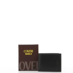 COVERI – Portafoglio nero in vera pelle con interno multicolore, ribaltina e scomparto porta spicci