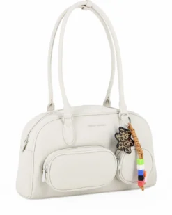 DAVID JONES - BORSA BOWLING BIANCA IN TESSUTO CON TASCHINI E CHARM REMOVIBILI