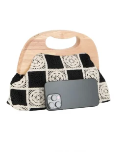 DIVAS - Borsa a mano ricamata nera e panna con manico in legno