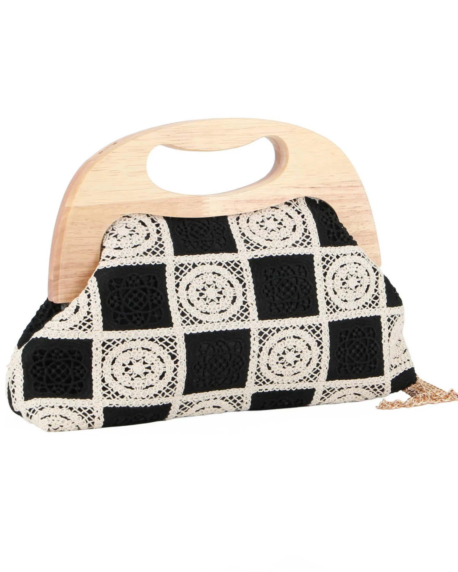 DIVAS - Borsa a mano ricamata nera e panna con manico in legno