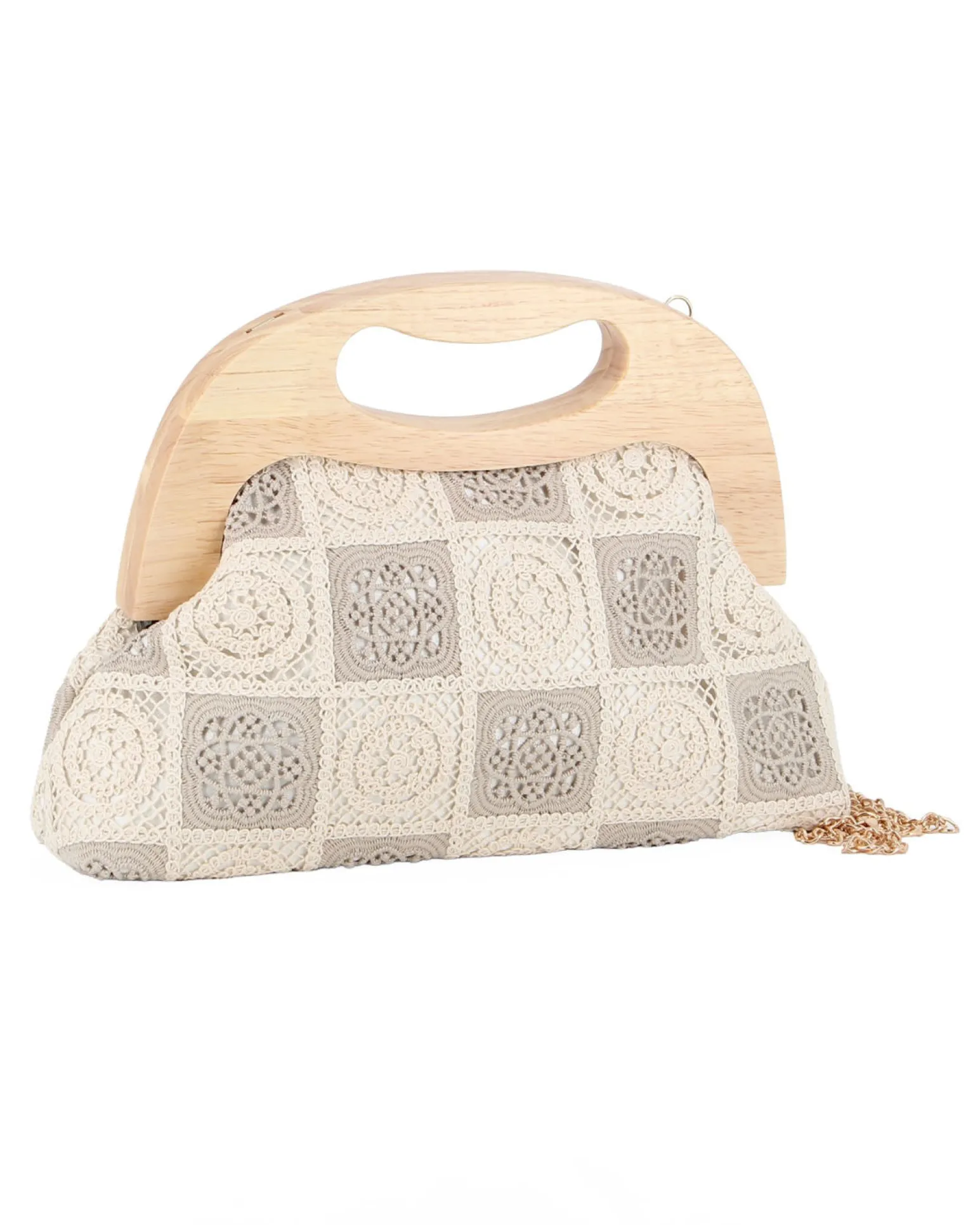 DIVAS - Borsa a mano ricamata taupe e panna con manico in legno
