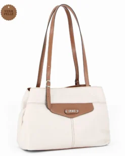 DIVAS - Borsa a spalla beige in VERA PELLE con finiture cuoio e manici regolabili, MADE IN ITALY