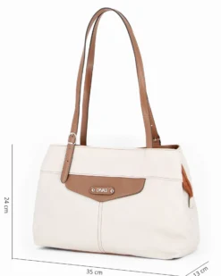 DIVAS - Borsa a spalla beige in VERA PELLE con finiture cuoio e manici regolabili, MADE IN ITALY