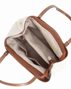 DIVAS - Borsa a spalla beige in VERA PELLE con finiture cuoio e manici regolabili, MADE IN ITALY