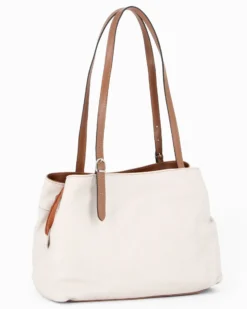 DIVAS - Borsa a spalla beige in VERA PELLE con finiture cuoio e manici regolabili, MADE IN ITALY