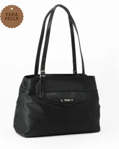 DIVAS - Borsa a spalla nera in VERA PELLE con manici regolabili, MADE IN ITALY