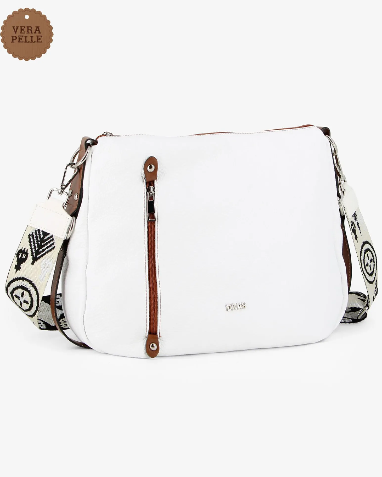 DIVAS - Borsa bianca in VERA PELLE con tasca frontale e tracolla nastro - MADE IN ITALY