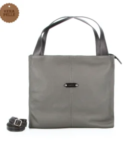 DIVAS - Borsa due manici grigia in VERA PELLE con tracolla removibile, MADE ITALY