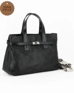 DIVAS - Borsa due manici nera in VERA PELLE con tracolla nastro - MADE IN ITALY