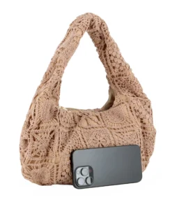 DIVAS - Borsa hobo in pizzo crochet taupe