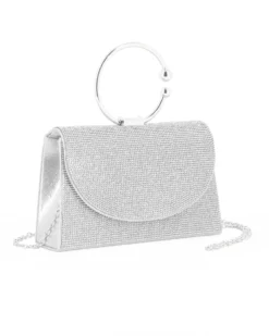 DIVAS - Borsa pochette da cerimonia argento con strass e manico rotondo in metallo
