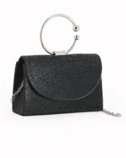 DIVAS - Borsa pochette da cerimonia nera con strass e manico rotondo in metallo