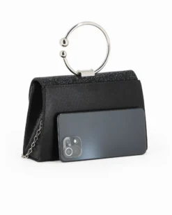 DIVAS - Borsa pochette da cerimonia nera con strass e manico rotondo in metallo