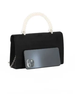 DIVAS - Borsa pochette nera scamosciata con manico perle