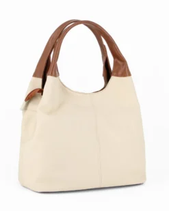 DIVAS - Borsa sacca beige in VERA PELLE con tasca frontale, tracolla removibile - MADE IN ITALY