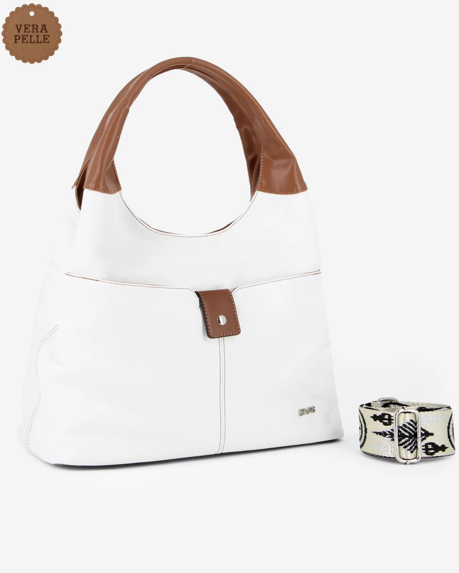 DIVAS - Borsa sacca bianca in VERA PELLE con tasca frontale, tracolla removibile - MADE IN ITALY