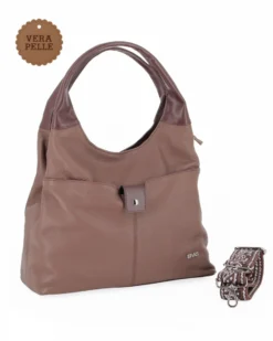 DIVAS - Borsa sacca marrone in VERA PELLE con tasca frontale, tracolla removibile - MADE IN ITALY