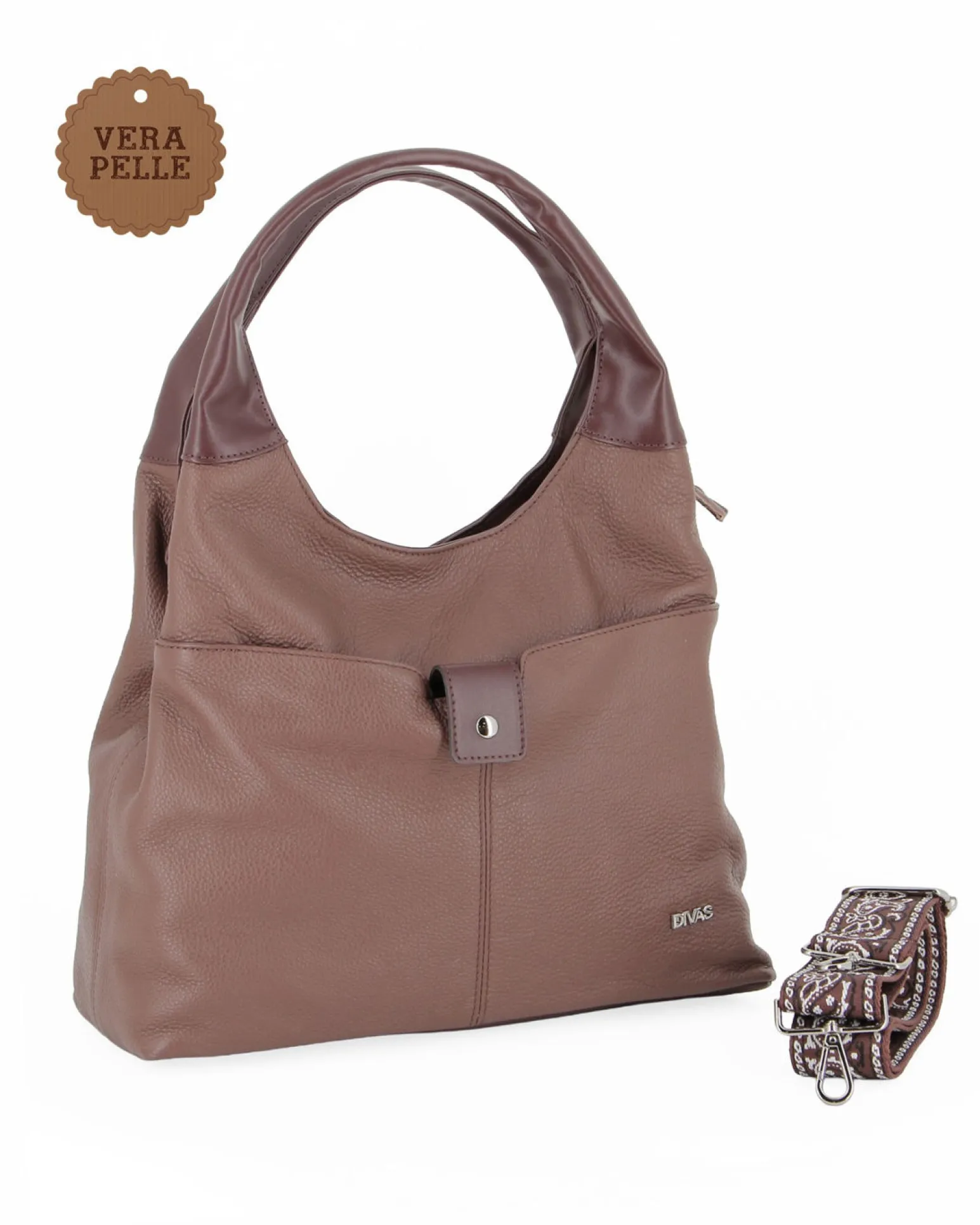 DIVAS - Borsa sacca marrone in VERA PELLE con tasca frontale, tracolla removibile - MADE IN ITALY