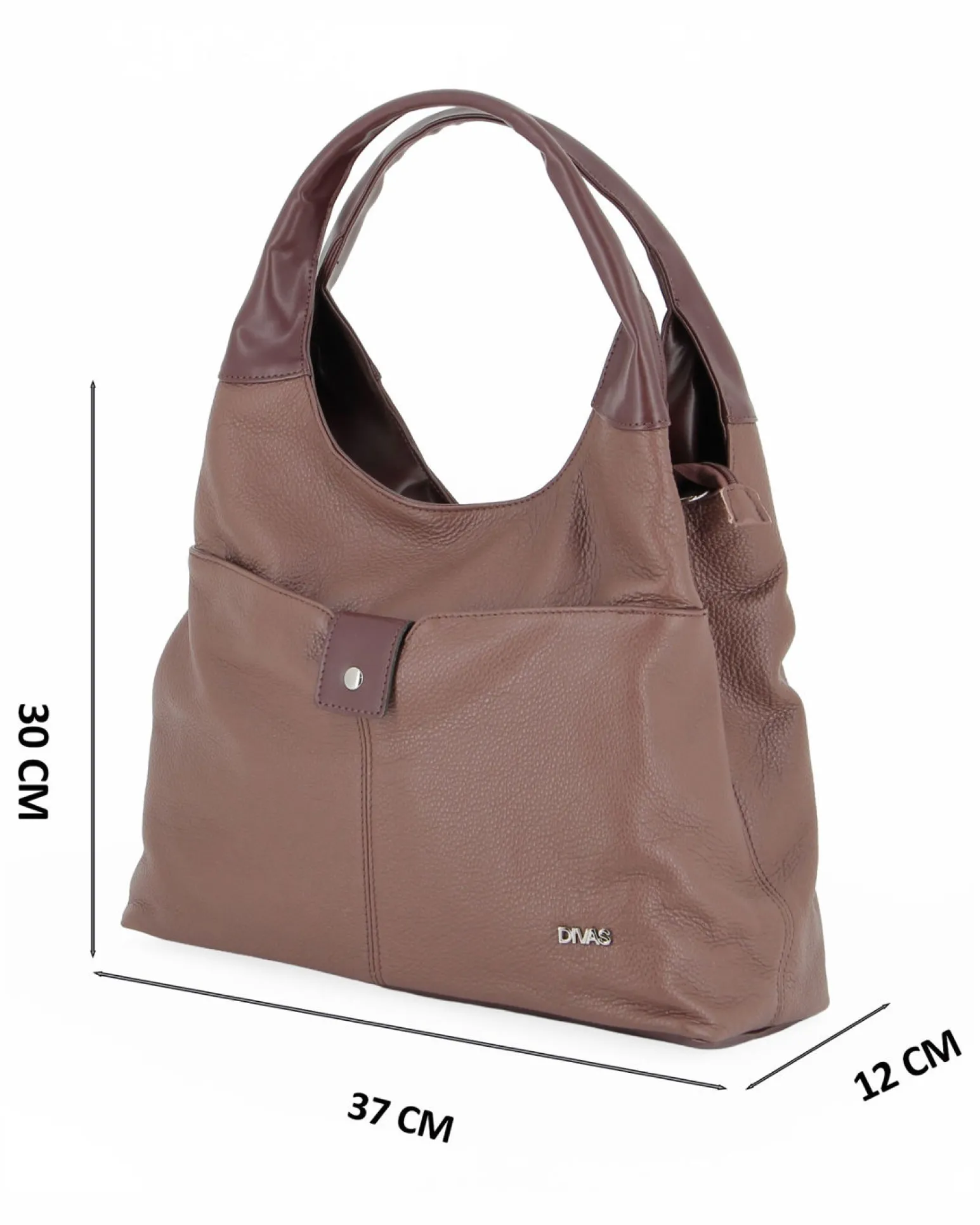 DIVAS - Borsa sacca marrone in VERA PELLE con tasca frontale, tracolla removibile - MADE IN ITALY