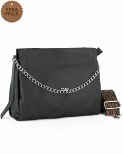 DIVAS - Borsa sacca nera in VERA PELLE con tracolla nastro - MADE IN ITALY
