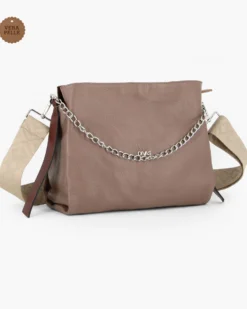 DIVAS - Borsa sacca taupe in VERA PELLE con tracolla nastro - MADE IN ITALY