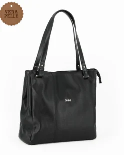 DIVAS - Borsa shopping nera tre scomparti VERA PELLE - MADE IN ITALY