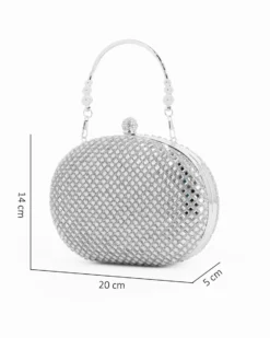 DIVAS - Clutch argento con strass  e pomello strass, tracolla e manico removibili