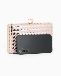 DIVAS - Clutch champagne rigida intrecciata con pomello
