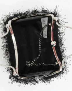 DIVAS - Clutch nera con piume e manici in strass, tracolla removibile