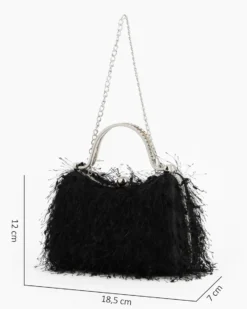 DIVAS - Clutch nera con piume e manici in strass, tracolla removibile