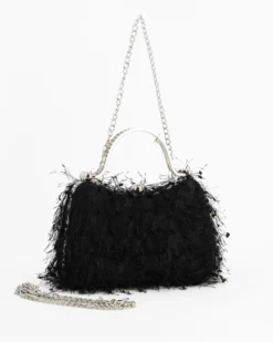 DIVAS - Clutch nera con piume e manici in strass, tracolla removibile
