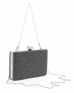 DIVAS - Clutch nera ricoperta di strass con chiusura fiore