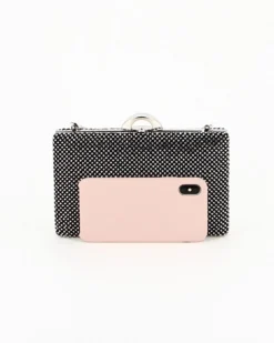 DIVAS - Clutch nera rigida con strass e tracolla catenina removibile