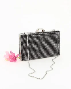 DIVAS - Clutch nera rigida con strass e tracolla catenina removibile