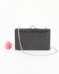 DIVAS - Clutch nera rigida con strass e tracolla catenina removibile