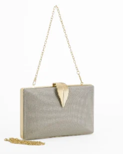 DIVAS - Clutch oro in lurex con dettaglio clip a foglia, tracolla remoovibile