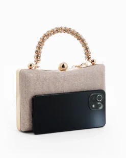 DIVAS - Clutch oro rosa in lurex con manico gioiello