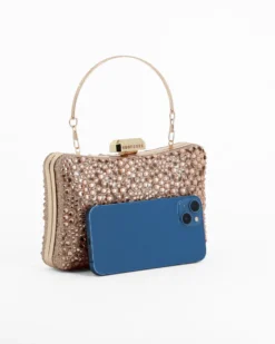 DIVAS - Clutch trasparente con strass champagne, tracolla e manico removibili