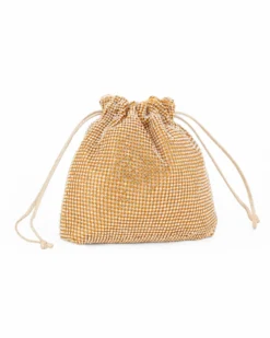 DIVAS - Minibag a sacchetto oro rivestita di strass con coulisse