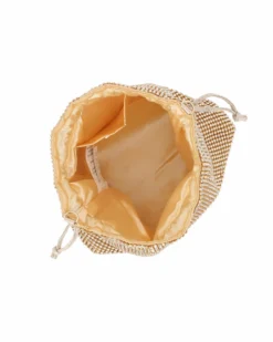 DIVAS - Minibag a sacchetto oro rivestita di strass con coulisse