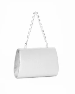 DIVAS - Pochette argento effetto pitonato con patta e manico gioiello, tracolla removibile