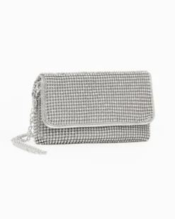 DIVAS - Pochette argento tutta strass con patta, tracolla removibile