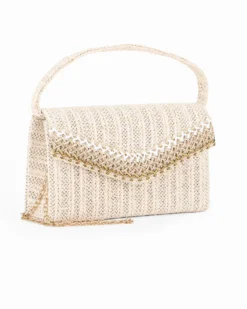DIVAS - Pochette beige in paglia con patta, manico e catenina removibili